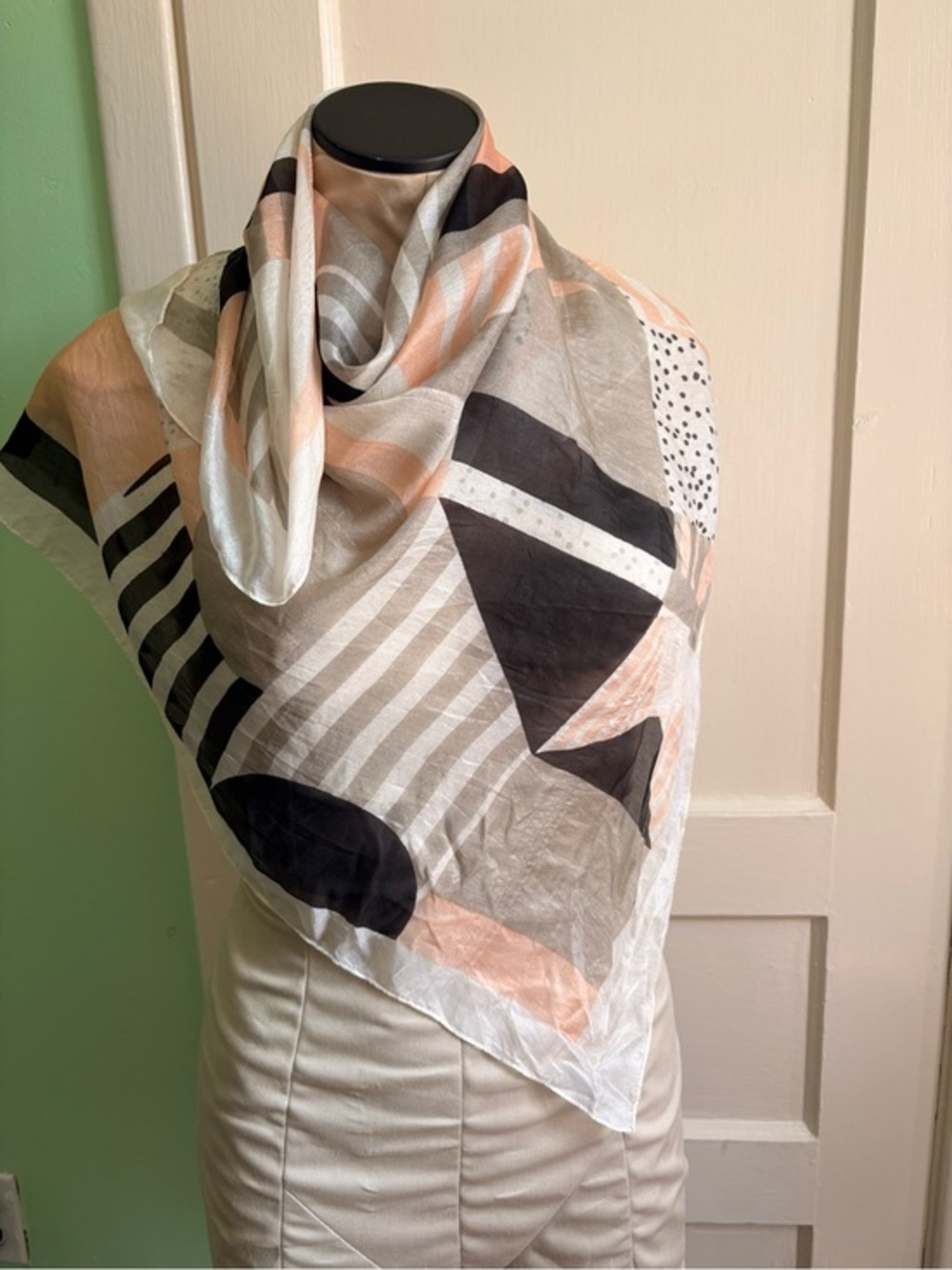 Lightweight Geo-Print Scarf in Peach, Black & Cream